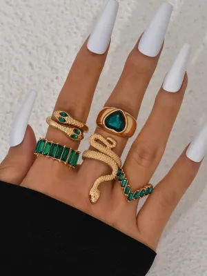 Snake & Heart Stylish Rhinestone Finger Rings Set